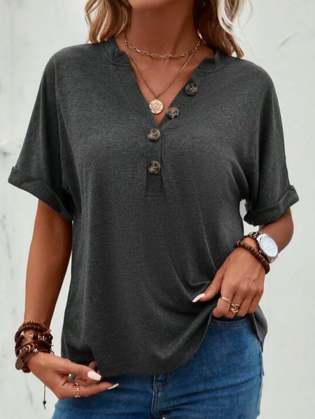 

Loose Casual Half Button Batwing Sleeve Tee, Gray, T-Shirts