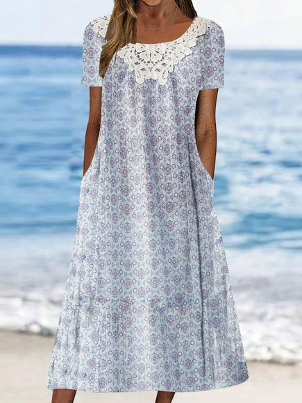 

Crew Neck Loose Casual Floral Dress With No Belt, Purple, Dresses