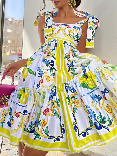 

Plus Size Floral Spaghetti Regular Fit Vacation Dress, Yellow, Plus Dresses