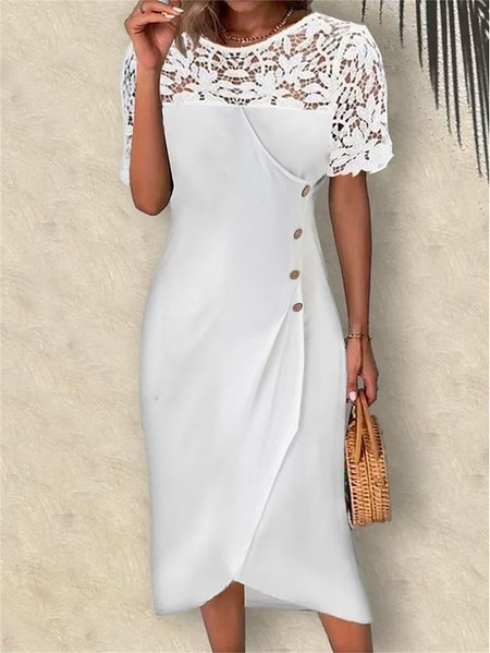 

Lace Crew Neck Elegant Women's Casual Dress Lace Dress White Dress Midi Dress Lace Patchwork Daily Date Going out Fashion Streetwear Crew Neck Short Sleeve Dress, Dresses