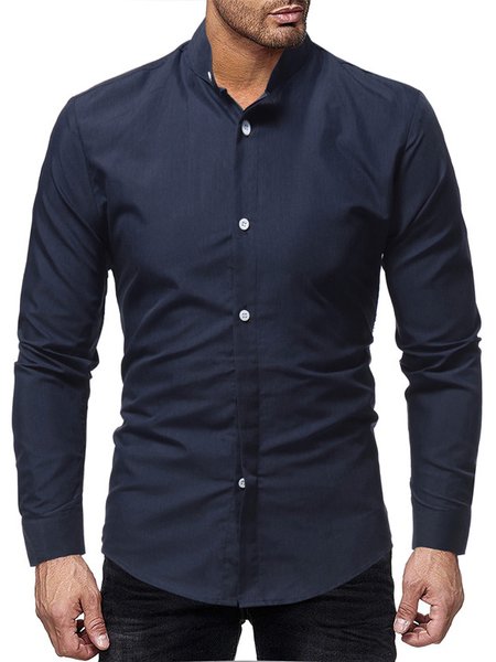 

Shirt Collar Regular Sleeve Casual Tight Cotton-Blend Shirt, Navyblue, Shirts ＆ Blouse