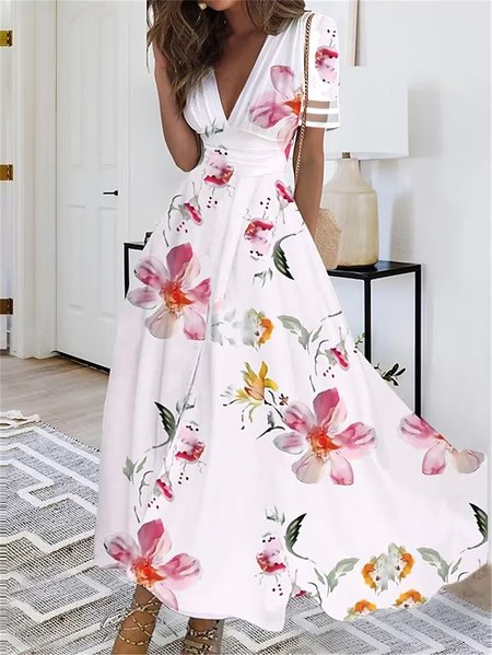 

Floral Loose Elegant V Neck Dress, White, Dresses