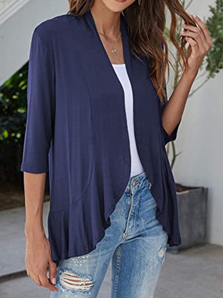 

Solid Color Regular Sleeve Ruffle Hem Simple Kimono, Navy blue, Coats