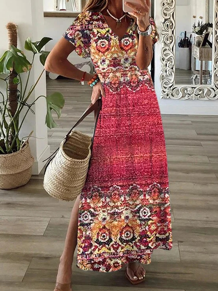

Casual V Neck Ethnic Loose Dress, Red, Dresses