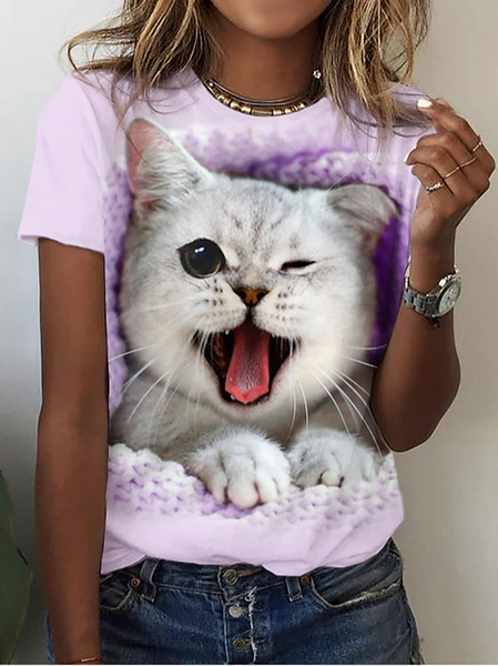 

Cat Loose Casual Crew Neck T-Shirt, Pink, T-Shirts