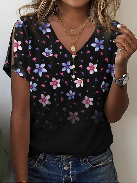 

Casual Floral V Neck T-Shirt, Black, T-Shirts