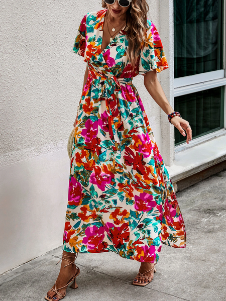 

V Neck Floral Vacation Regular Fit Maxi Dress, Red, Dresses