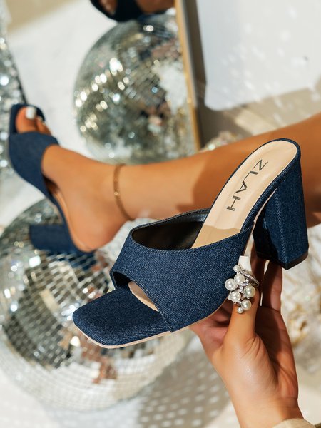

Fashionable Denim Square Toe Chunky Heel Mule Sandals, Deep blue, Sandals & Slippers