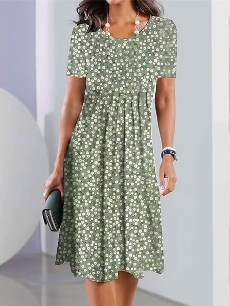 

Crew Neck Casual Polka Dots Dress, Green, Midi