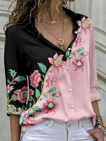 

Floral Shirt Collar Casual Blouse, Pink, Shirts & Blouses