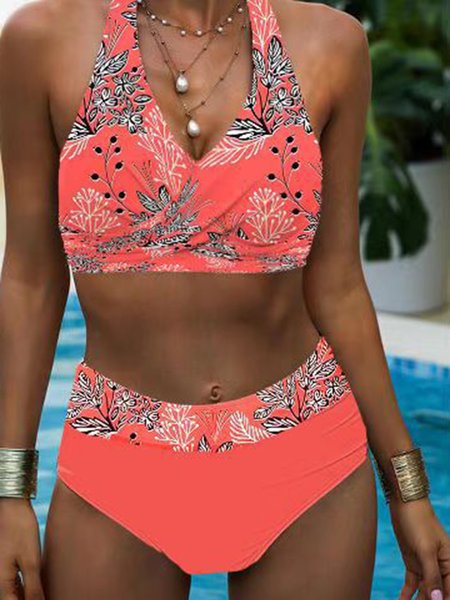 

Vacation Polka Dots Printing V Neck Bikini, Red, swimwear>>Bikini Sets