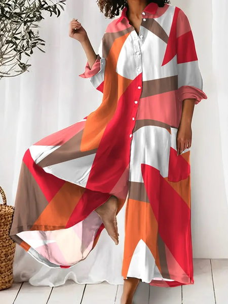 

Colorblock Casual Shawl Collar Loose Jumpsuit, Orange, Jumpsuits＆Rompers