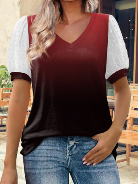 

Urban Plain Puff Sleeve V Neck Loose T-Shirt, Wine red, T-Shirts