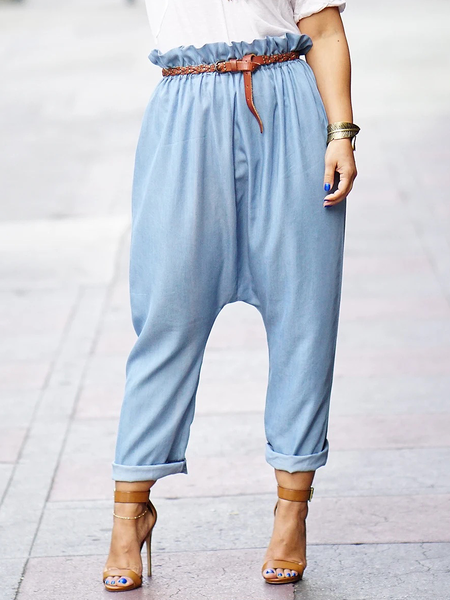 

Loose Plain Urban Faux Denim Long Jeans, Blue, Jeans