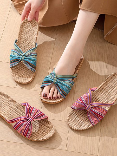 

Color Striped Bow Knot Cushioning Rebound Linen Home Slippers, Cyan, Slippers