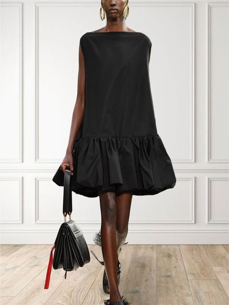 

Regular Fit Boat Neck Casual Plain Dress, Black, Midi Dresses