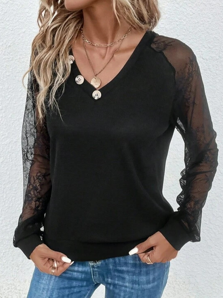 

V Neck Plain Lace Sleeve Loose Sweatshirt, Black, Sweatshirts & Hoodies