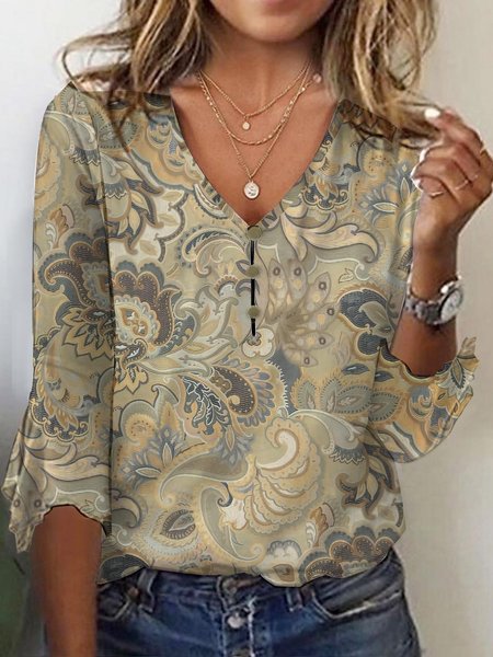 

Casual Ethnic V Neck Loose Shirt, Light khaki, Shirts & Blouses