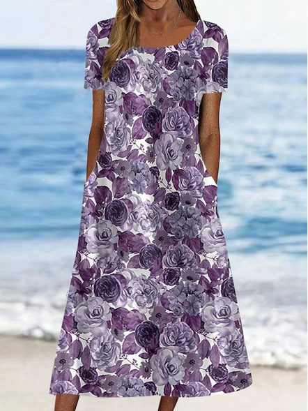 

Loose Jersey Floral Casual Dress With No Belt, Purple, Dresses