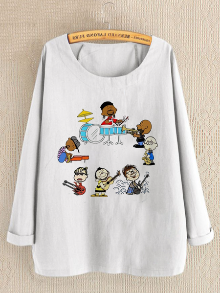 

Casual Crew Neck Cartoon Loose Shirt, White, Shirts & Blouses