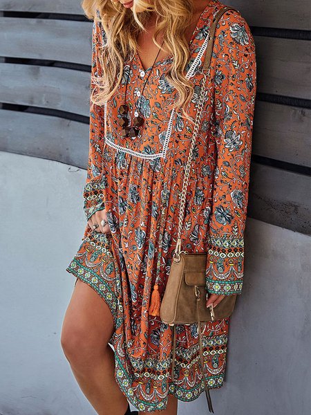 

Floral Elegant Loose Crew Neck Dress, Orange, Dresses