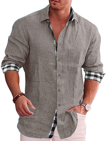 

Plaid Regular Sleeve Casual Split Joint Shirt Collar Shirt, Gray, Shirts ＆ Blouse