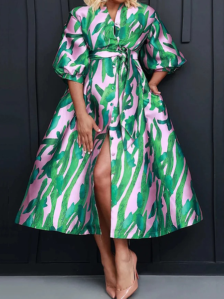 

Plus Size Regular Fit Short sleeve Elegant Midi Dress With Belt, Green, Plus Dresses
