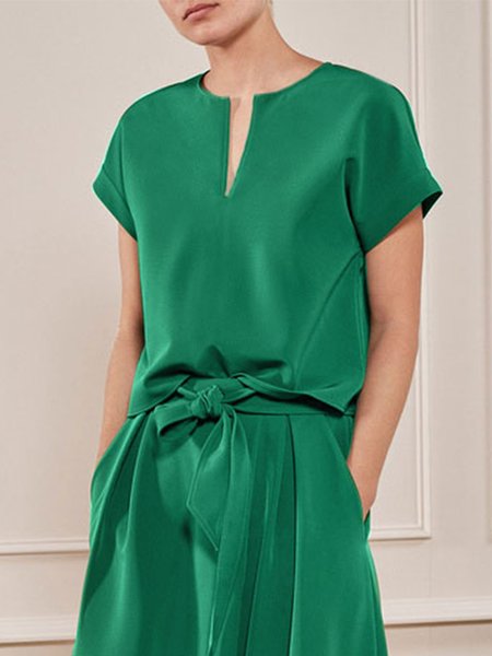 

Loose V Neck Plain Short Sleeve Urban Shirt, Green, Blouses and Shirts