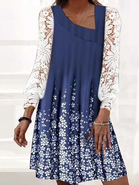 

Casual Lace Floral Asymmetrical Collar Dress, Navyblue, Dresses