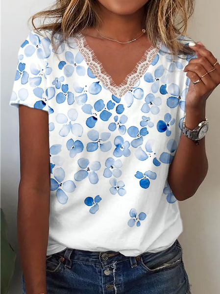 

Loose Floral Casual V Neck T-Shirt, Blue, T-Shirts