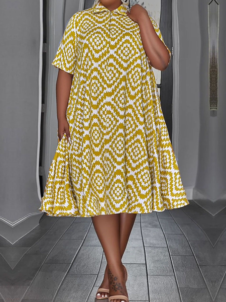 

Urban Shirt Collar Short Sleeve Abstract Graphic Loose Dress, Yellow, Midi Dresses