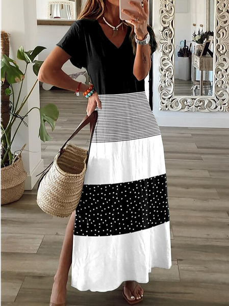 

Casual V Neck Geometric Loose Dress With No Belt, Black, Dresses