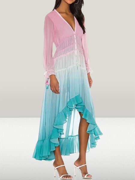 

Women's Breathable Sheer Ombre Iridescent Chiffon V-Neck Dress, Blue, Dresses