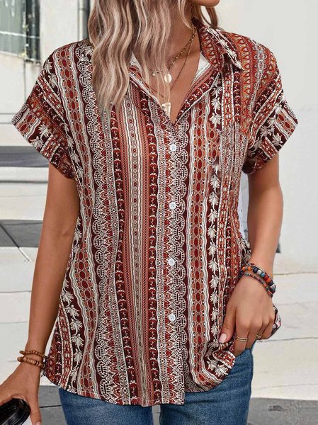 

Casual Shirt Collar Ethnic Blouse, Brown, Shirts & Blouses