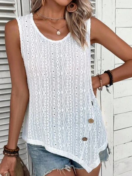 

Crew Neck Plain Loose Casual Tank Top, White, Tanks & Camis