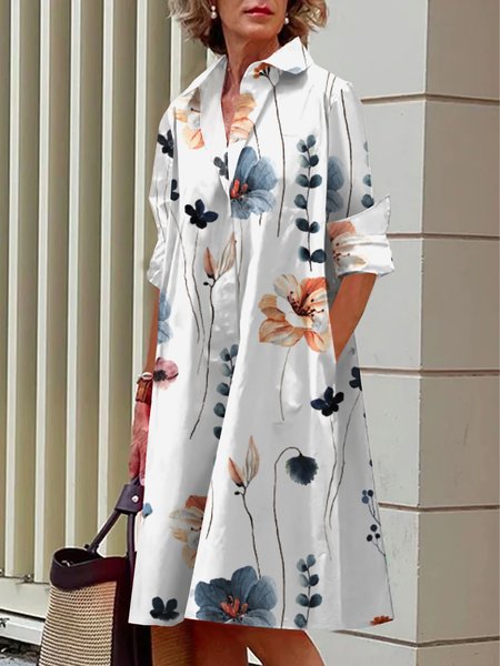 

Floral Shirt Collar Urban Dress, White-blue, Midi Dresses