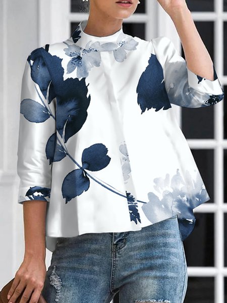 

Floral Urban Printing Half Turtleneck Blouse, White-blue, Blouses and Shirts