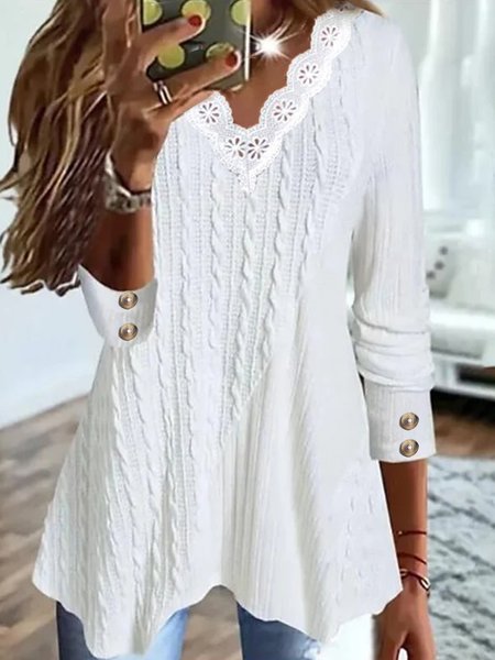 

V Neck Loose Lace Casual Shirt, White, Shirts & Blouses
