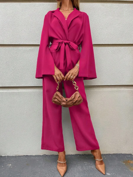 

Plain Elegant Cross Neck Split Sleeve Belted Blazer & Wide Leg Pants Two-Piece Set, Pink, Suit Set