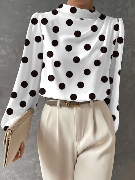 

Urban Half Turtleneck Polka Dots Loose Blouse, White, Blouses and Shirts
