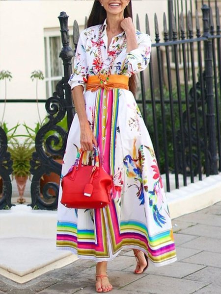 

Plus Size Shirt Collar Floral Regular Fit Vacation Dress, White, Plus Dresses