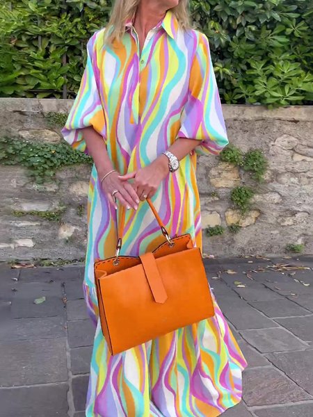 

Vacation Shirt Collar Loose Abstract Dress, Multicolor, Maxi Dresses