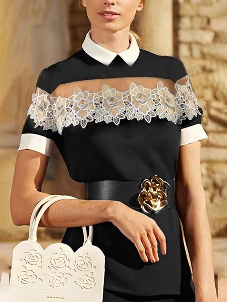 

Shirt Collar Regular Fit Floral Elegant Blouse, Black, Blouses and Shirts