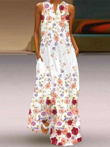 

Floral Elegant Loose V Neck Dress, White, Dresses