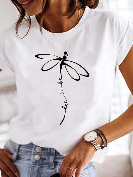 

Women Dragonfly Crew Neck Casual Short Sleeve T-shirt, White, Tees & T-shirts