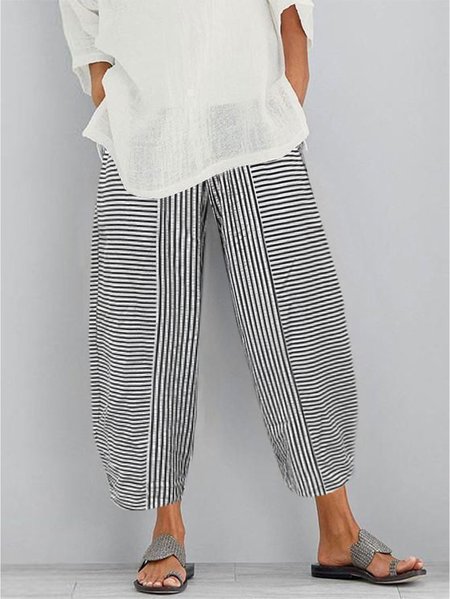 

Women Striped Loose Pockets Casual Pants, White, Pants