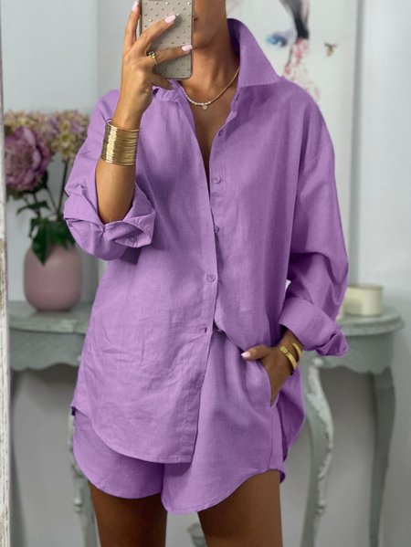 

Plain Casual Loose Shirt Collar Blouse, Purple, Blouses and Shirts
