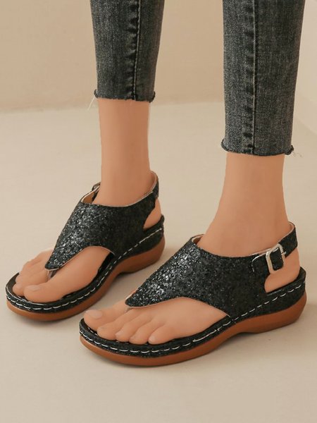 

Casual Glitter Wedge Thong Sandals, Black, Sandals