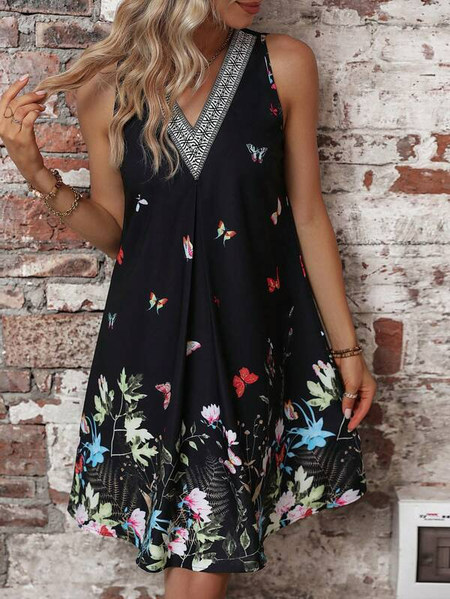 Casual Floral V Neck Loose Dress, Black, Dresses