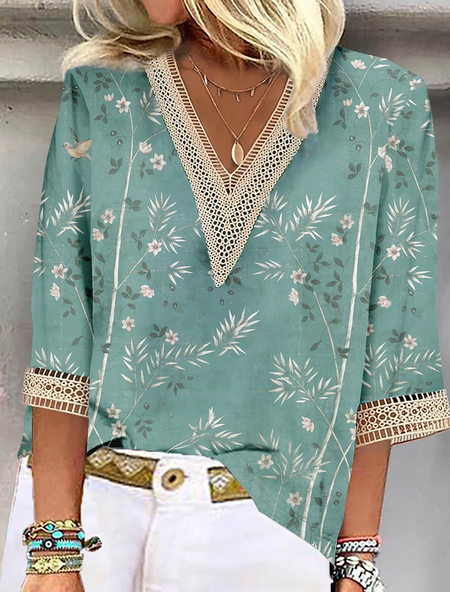 Loose Casual Floral V Neck Shirt, Green, Blouses